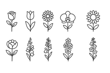 Poster - Vector icon collection of various flower designs in a simple line art style suitable for digital projects and illustrations
