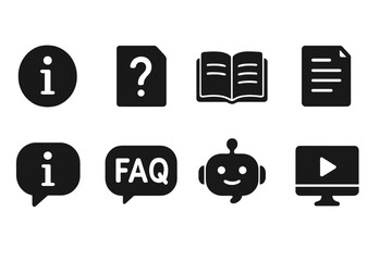 Poster - Black vector icons illustrating information, help, communication, and multimedia elements for user assistance and engagement