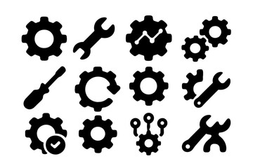 Poster - Collection of black vector icons showcasing various tools and gears for mechanical and engineering designs