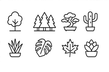 Poster - Vector icons representing various types of plants including trees, cacti, and decorative foliage in minimalist style