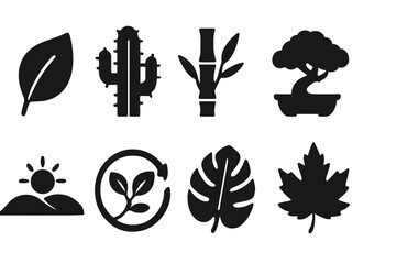 Poster - Modern vector icons of plant life showcasing various leaves, cacti, and bonsai in a clean design suitable for nature-themed projects