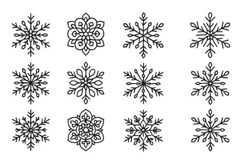 Poster - Unique vector icon collection of decorative snowflakes with intricate designs for seasonal themes