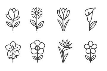 Poster - Vector icon collection featuring various flower designs in a minimalistic style suitable for graphics and illustrations