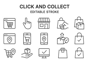 Poster - Vector icons demonstrating click and collect shopping concept with various elements like cart, store, and packages