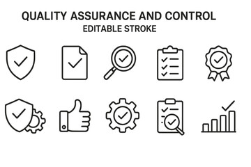 Poster - Vector icons representing quality assurance and control processes in a corporate setting