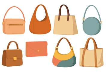 Poster - Collection of stylish vector bag icons in various shapes and colors for fashion design and marketing needs