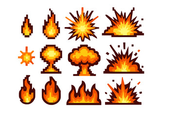 Poster - Vector icons showcasing various explosion and fire effects in a pixel art style suitable for gaming and graphic design projects