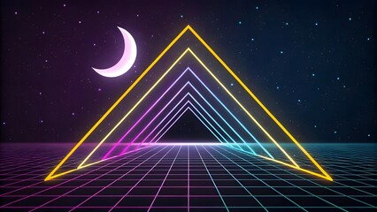 Poster - Neon triangles and grid on starry background with moon in retro futuristic vaporwave style image