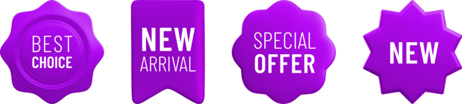 Vector cartoon 3d promo labels set. Special offer, Best Choice, New Arrival violet badges. Realistic 3d render sale stickers. Discount tags isolated on white background. Shopping banner template.