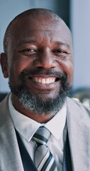 Poster - Business, tablet and face of black man in office for finance review, budget report and planning. Corporate, manager and portrait of person on digital tech for online investment, proposal and research
