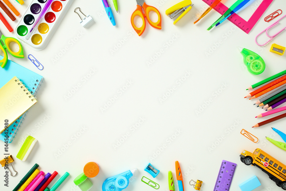 Back to school concept. Flat lay frame of colorful school supplies on ...