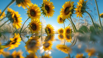 yellow sunflower in water field under blue sky