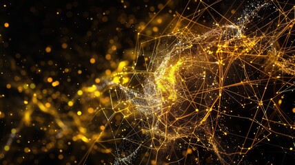Poster - Abstract picture of golden particle with sparkle atom style design connect and flow show energy dynamic represent connection of star in universe or atom of dust in space with mysterious scene. AIG53.