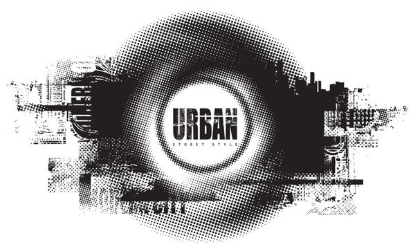 Abstract vector banner on the theme of urbanism, street art, digital technology and photo studios against the background of the architecture of a city, pixels. T-shirt design, poster. No AI used