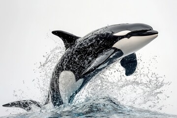 orca whale leaping from the ocean, creating a splash of water against a white background.