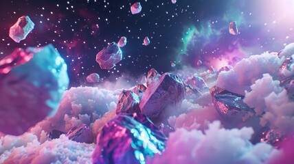 Poster - Abstract colorful meteorites with a glowing nebula background. Abstract image of stone floating in the space with glowing neon sky, planet and smoke. Digital artwork for design and print. AIG53.
