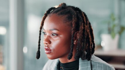 Aufkleber - Office, business and black woman reading for research, online website and internet search. Corporate, professional and face of person on computer for information, email and planning for project