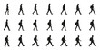© sweet_mellow - Walking People Silhouette Set. Diverse Individuals With Backpacks In Motion. Isolated Vector Illustration Collection