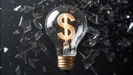 Poster - Shattered Glass Light Bulb with Dollar Sign and Filament Glow