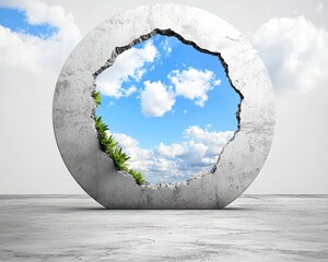 Poster - Realistic Architectural Design of Concrete Structure with Circular Opening Revealing Sky and Foliage in a Minimalist Environment