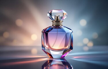 Poster - Elegant perfume bottle with a multifaceted, crystal-like design.  Shimmering, gradient colors fill the glass, reflecting light on a reflective surface.  The image evokes luxury and sophistication.