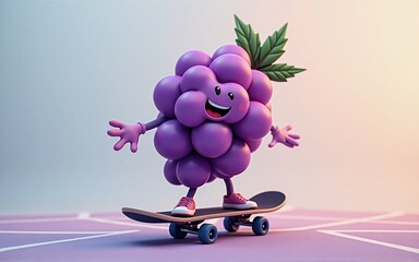 Poster - A cheerful purple grape cartoon character, with a cannabis leaf atop, joyfully skateboarding on a geometric surface.  The scene is bathed in soft, warm light.