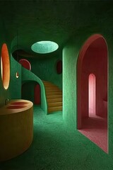 Poster - Modern Architectural Interior with Curved Surfaces and Colorful Design Featuring Stairs, Arches, and Unique Light Effects in a Vibrant Green Palette