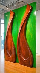 Poster - Abstract wooden wall art featuring flowing curves and vibrant green background in modern architectural space