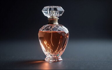 Poster - Elegant amber perfume in a faceted crystal bottle, sits on a dark surface, glowing softly.  The bottle's intricate cut glass catches the light.