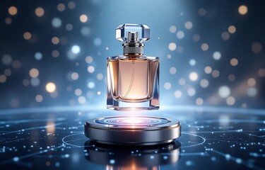 Aufkleber - Elegant perfume bottle levitates on a futuristic display, surrounded by shimmering lights and abstract patterns.  A luxurious and modern aesthetic.