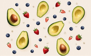 Poster - A vibrant flat lay featuring halved avocados, whole strawberries, and blueberries scattered on a beige background.  The arrangement suggests a healthy and delicious combination of fruits.
