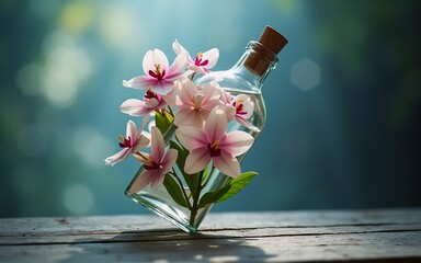 Poster - Pink orchids nestled in a clear glass bottle with a cork stopper, resting on weathered wood. Soft, natural light illuminates the scene.  A tranquil and delicate image.