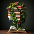 © Find.Q_Imagens - Um perfil estilizado de uma cabeça humana é intrincadamente formado por livros e folhagens, exibindo uma mistura vibrante de folhas verdes, plantas e livros empilhados.