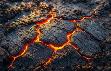 Aufkleber - Close-up view of cracked earth with glowing, molten lava seeping through fissures.  The intense heat is palpable, showcasing a dramatic contrast between dark earth and bright orange lava.