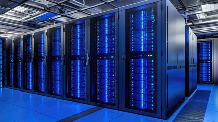 Poster - High tech server room interior with glowing server units in blue tones, suitable for IT services, cybersecurity visuals, and digital infrastructure designs