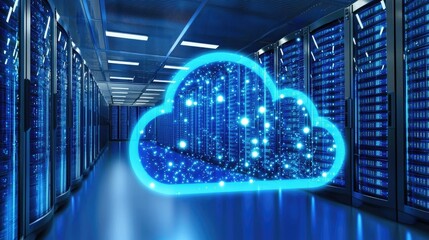Poster - Modern data center with blue glowing cloud symbol and server racks, perfect for illustrating cloud storage, big data, and futuristic network solutions