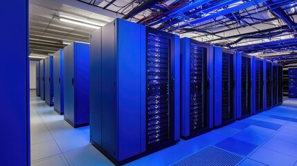 Poster - Modern server racks with intense blue illumination in a secure facility, great for use in cloud services, networking, and data management visuals