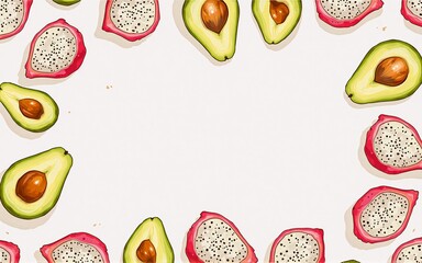 Poster - A vibrant frame of halved dragon fruit and avocados on a light background.  Perfect for a healthy food blog or recipe presentation.