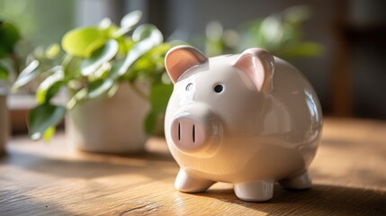Poster - A cute pig figurine sitting on a table representing budgeting without shame and calm financial planning concept