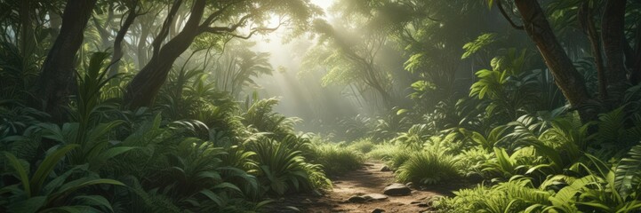 Wall Mural - Lush green tropical undergrowth, sunlight dappled ,  foliage texture,  background