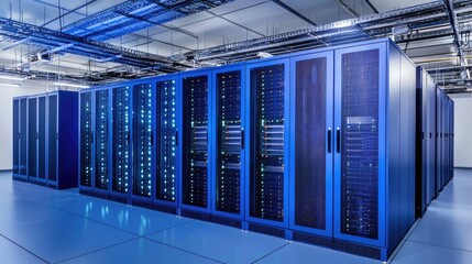 Poster - Modern data center interior with extensive server cabinets and ceiling cable infrastructure, ideal for cloud services, data hosting, and enterprise IT