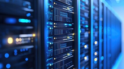 Poster - Focused view of blue-lit server panels with glowing indicators, perfect for data science, IT solutions, and network security presentations