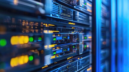 Poster - High-resolution view of detailed data servers with orange and green indicators, ideal for digital storage, IT operations, and secure network system visuals
