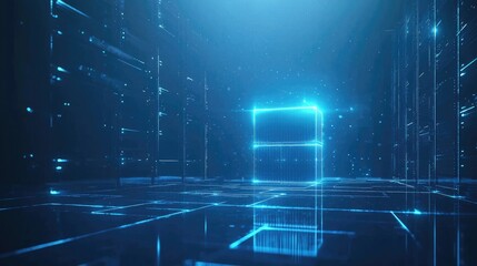 Poster - Glowing data servers lined in a high-security room with ambient blue lighting, perfect for cloud hosting, digital services, and modern network systems