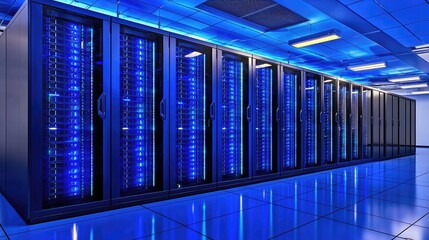 Poster - Dark glowing server room with blue light reflections on the floor, excellent for data security, futuristic IT visuals, and high-performance computing content