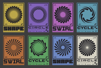 Aufkleber - Set Of Circle Sun Shine Abstract Shape Posters. Swiss Design Placard. Brutalist Circular Swirl Forms. Geometric Optical Illusion Round Figure.
