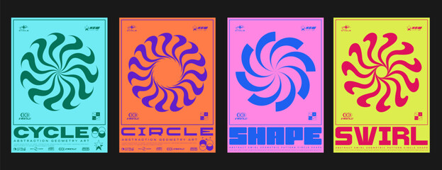 Poster - Set Of Circle Sun Shine Abstract Shape Posters. Swiss Design Placard. Brutalist Circular Swirl Forms. Geometric Optical Illusion Round Figure.
