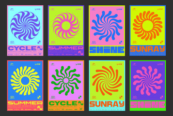 Aufkleber - Set Of Circle Sun Shine Abstract Shape Posters. Swiss Design Placard. Brutalist Circular Swirl Forms. Geometric Optical Illusion Round Figure.