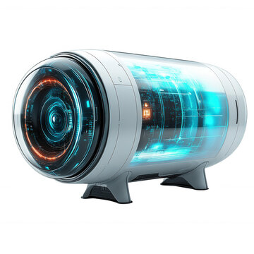 Futuristic technology pod machine device with glowing circuit design art on transparent background