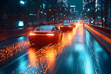Poster - Futuristic vehicles on city street at night